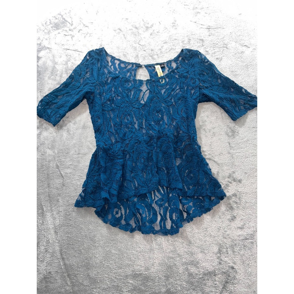 Eyeshadow Teal Lace 3/4 Sleeve Top Crochet Fairycore Whimsy Goth Peplum Small